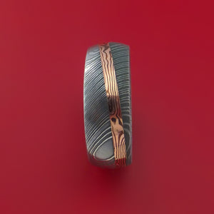 Damascus Steel Ring with 14k Rose Gold Mokume Shakudo Inlay Custom Made Band
