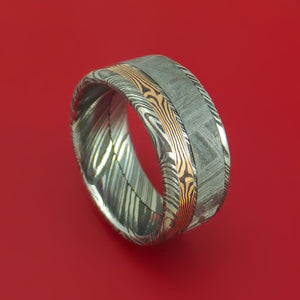 Kuro Damascus Steel Ring with Gibeon Meteorite and 14k Rose Gold Mokume Shakudo Inlays Custom Made Band