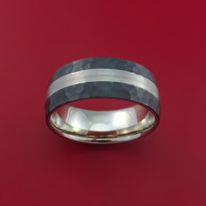 Wide Hammered Black Zirconium Ring with Lashbrook Platinum Rings Inlay and Interior 14k White Gold Sleeve Custom Made Band