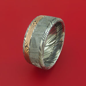 Kuro Damascus Steel Ring with Gibeon Meteorite and 14k Rose Gold Mokume Shakudo Inlays Custom Made Band