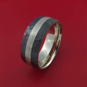 Wide Hammered Black Zirconium Ring with Lashbrook Platinum Rings Inlay and Interior 14k White Gold Sleeve Custom Made Band