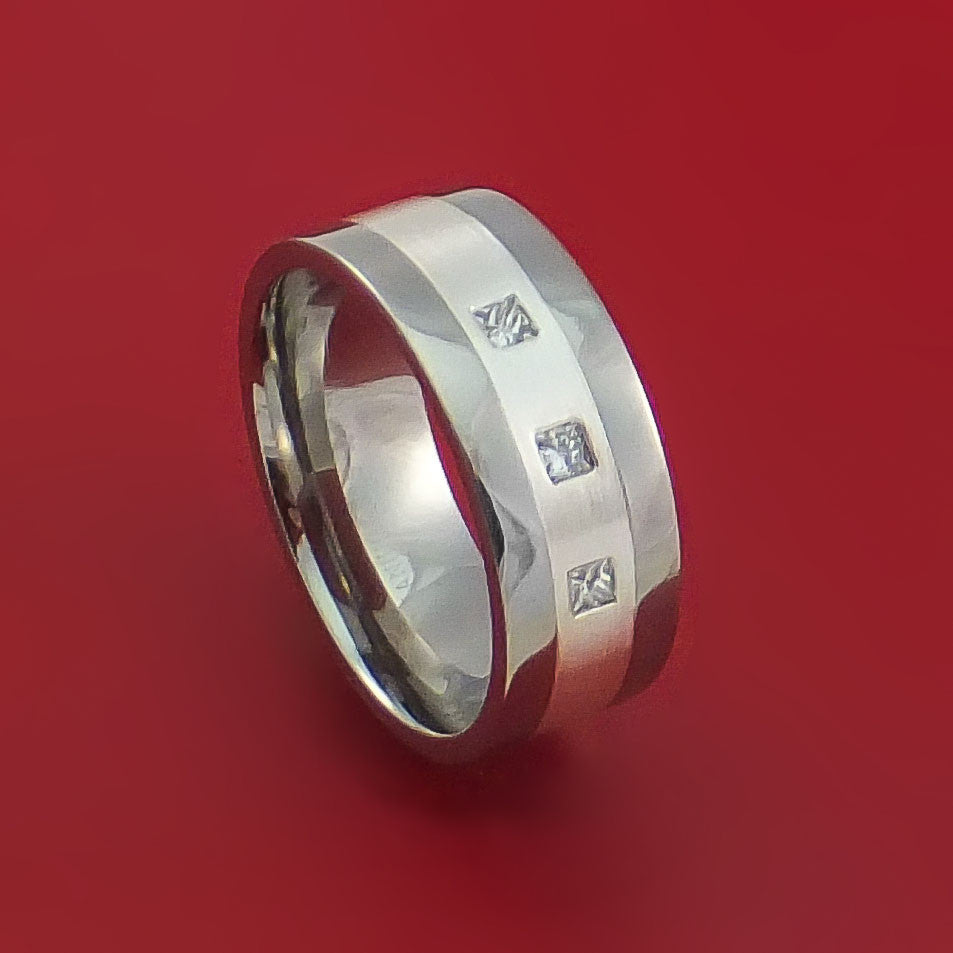 Titanium Ring with Silver Inlay and Princess Cut Diamonds Custom Made Wedding Band