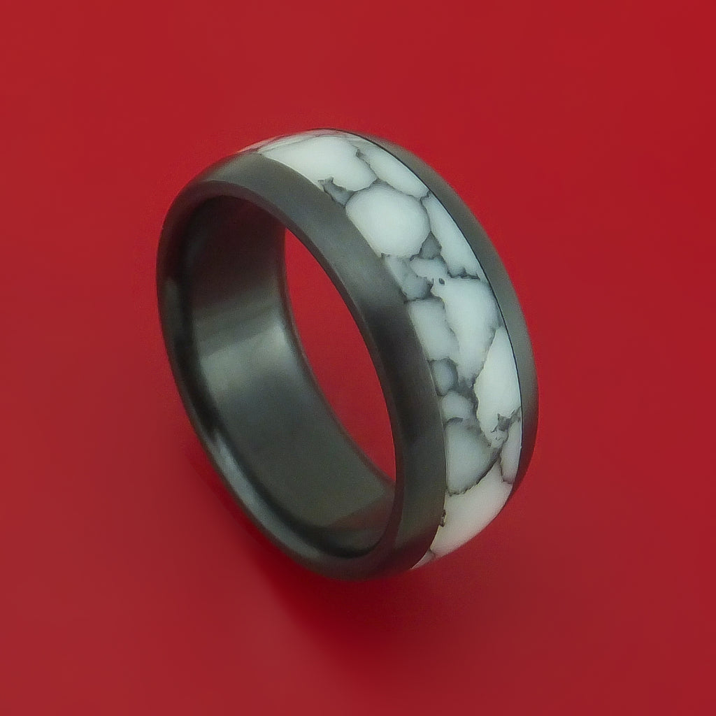 Black Zirconium Ring with White Marble Inlay Custom Made Band