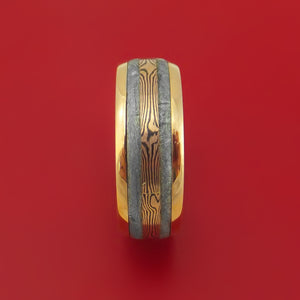 18K Rose Gold Ring with Gibeon Meteorite and 14k Rose Gold Mokume Shakudo Inlays Custom Made Band