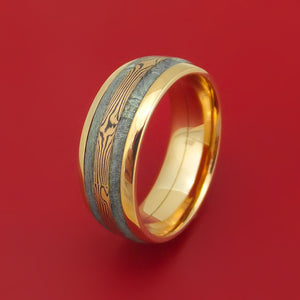 18K Rose Gold Ring with Gibeon Meteorite and 14k Rose Gold Mokume Shakudo Inlays Custom Made Band