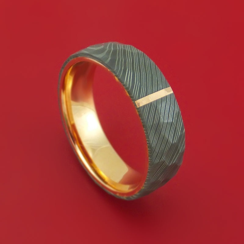 Damascus Steel Hammered Ring with 14K Rose Gold Inlay and Sleeve Custom Made Band
