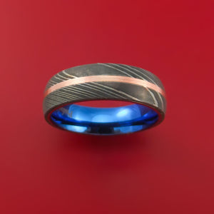 Damascus Steel Ring with Copper Inlay and Interior Anodized Titanium Sleeve Custom Made Band