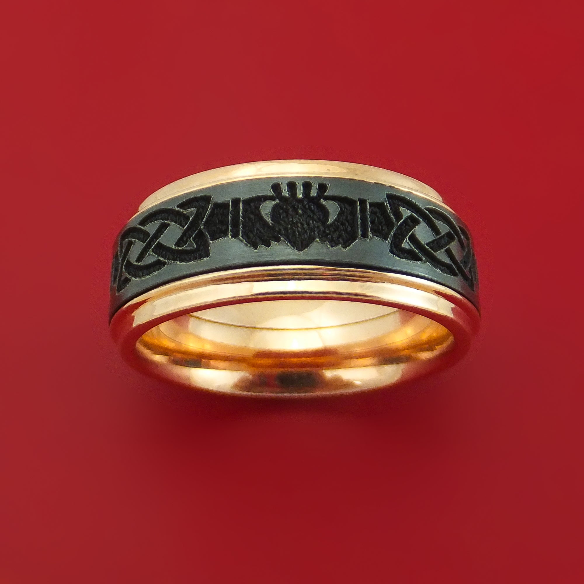 14k Rose Gold Ring with Black Zirconium Claddagh Etched Celtic