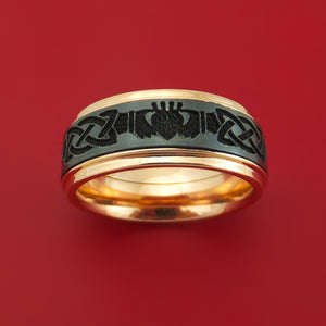 14k Rose Gold Ring with Black Zirconium Claddagh Etched Celtic Design and Cerakote Inlays Custom Made Band
