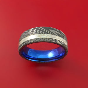 Damascus Steel Ring with Palladium and Sterling Silver Mokume Gane Inlay and Interior Anodized Titanium Sleeve Custom Made Band