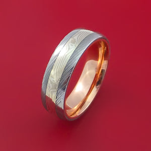 Damascus Steel Ring with Palladium and Sterling Silver Mokume Gane Inlay and Interior 14k Rose Gold Sleeve Custom Made Band