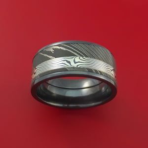 Wide Black Zirconium Ring with Damascus Steel and Silver Mokume Shakudo Inlays Custom Made Band