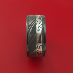 Wide Black Zirconium Ring with Damascus Steel and Silver Mokume Shakudo Inlays Custom Made Band