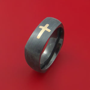 Black Zirconium and 14K Yellow Gold Christian Cross Ring Custom Made Band