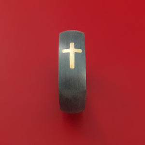 Black Zirconium and 14K Yellow Gold Christian Cross Ring Custom Made Band
