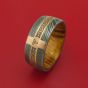 Damascus Steel Ring with 14k Rose Gold and Etched Celtic Design Inlays and Interior Hardwood Sleeve Custom Made Band