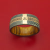 Damascus Steel Ring with 14k Rose Gold and Etched Celtic Design Inlays and Interior Hardwood Sleeve Custom Made Band