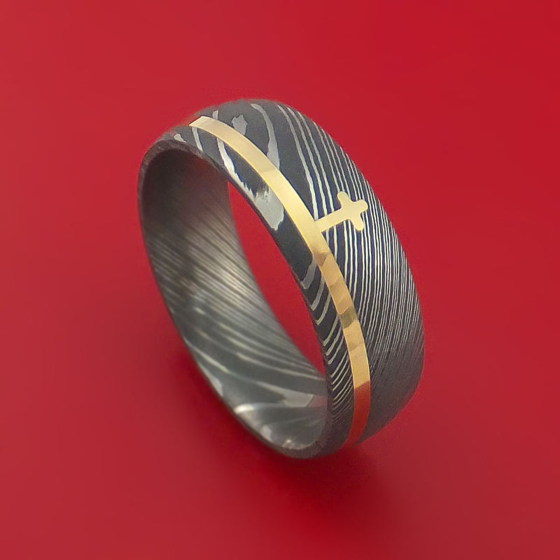 Damascus Steel Ring with 14k Yellow Gold and 14k Yellow Gold Cross Inlays Custom Made Band