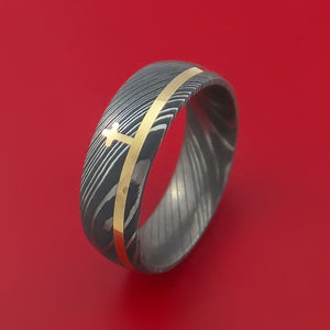 Damascus Steel Ring with 14k Yellow Gold and 14k Yellow Gold Cross Inlays Custom Made Band