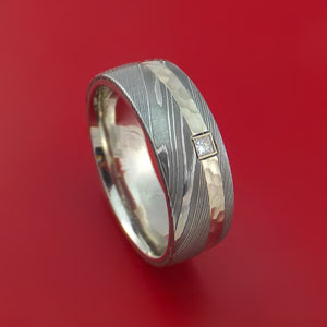 Damascus Steel and Hammered 14K White Gold Ring with Diamond Custom Made Band