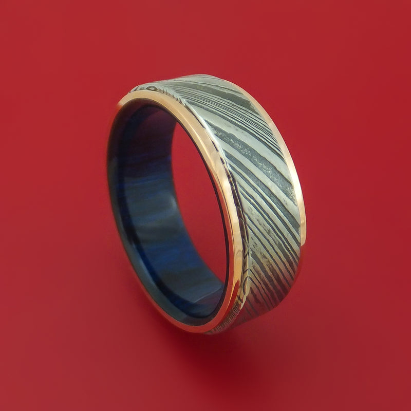 Kuro Damascus Steel Ring with 14k Rose Gold Edges and Interior Hardwood Sleeve Custom Made Band