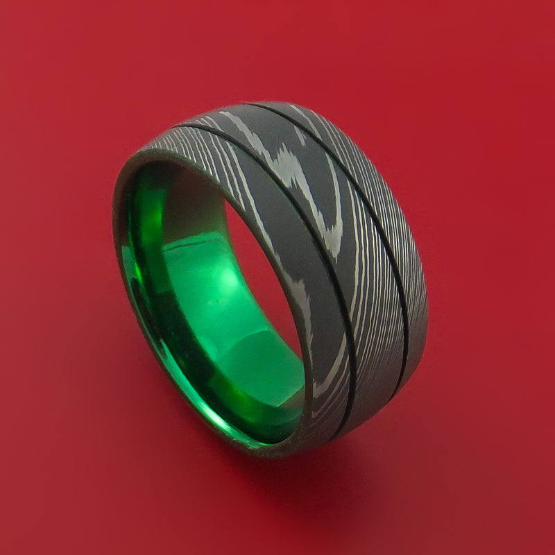 Damascus Steel Ring with Anodized Titanium Interior Sleeve Custom Made