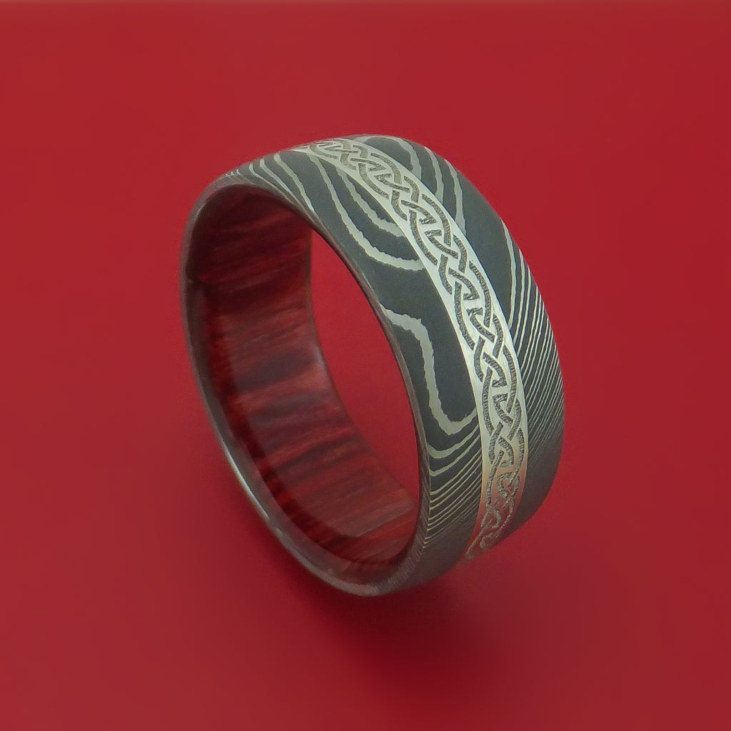 Damascus Steel Ring with Platinum and Infinity Knot Etched Celtic Design Inlays and Interior Hardwood Sleeve Custom Made Band
