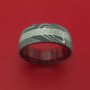 Damascus Steel Ring with Platinum and Infinity Knot Etched Celtic Design Inlays and Interior Hardwood Sleeve Custom Made Band