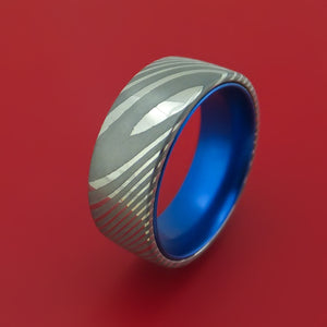 Damascus Steel Ring with Anodized Sleeve Custom Made