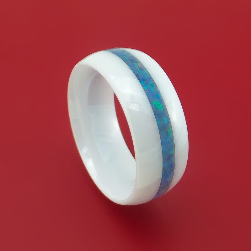 White Ceramic Ring With Opal Inlay Custom Made Band