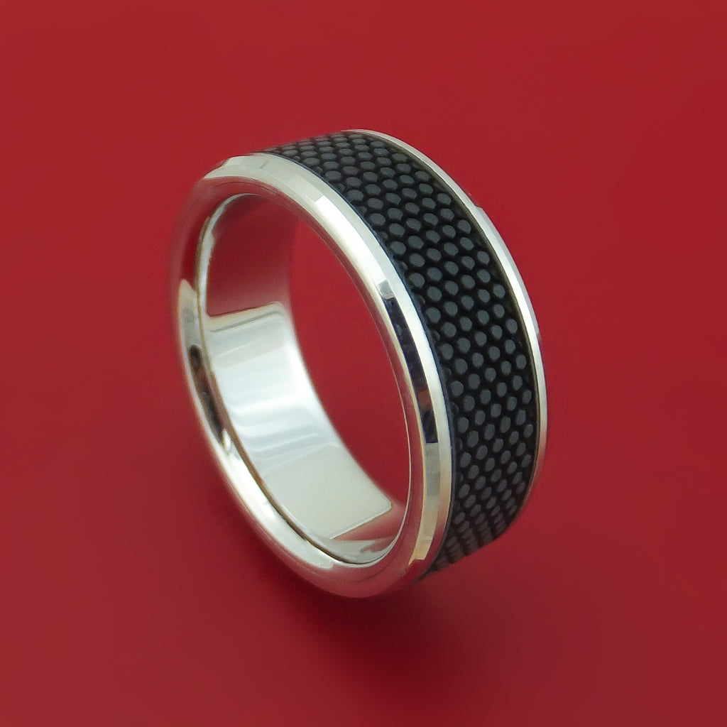 14K White Gold Ring With Patterned Carbon Fiber Custom Made Band