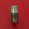 Black Zirconium Ring with Damascus Steel and 14k Yellow Gold Inlays Custom Made Band