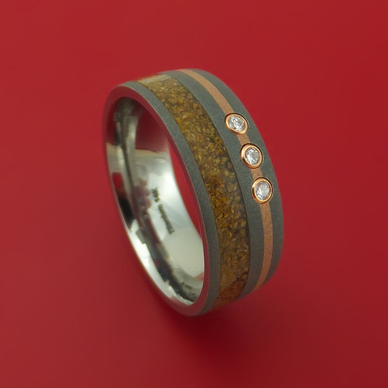Titanium And Tan Dinosaur Bone Ring With 14K Rose Gold and Diamonds Custom Made Fossil Band