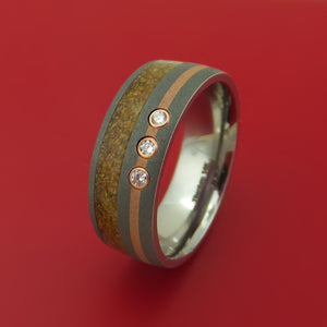Titanium And Tan Dinosaur Bone Ring With 14K Rose Gold and Diamonds Custom Made Fossil Band