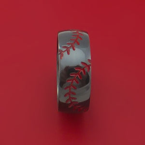 Black Zirconium Ring with Baseball Dual Stitching and Cerakote Inlays Custom Made Band