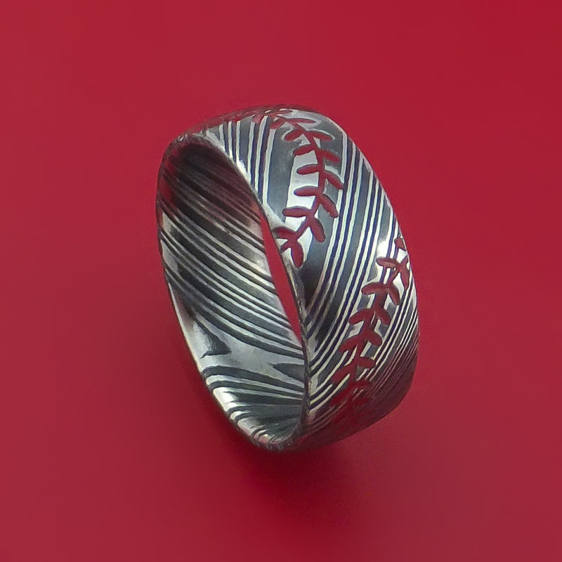 Kuro Damascus Steel Ring with Baseball Dual Stitching and Cerakote Inlays Custom Made Band