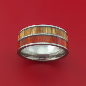 Damascus Steel Ring with Teak and Red Heart Hardwood Inlays Custom Made Band