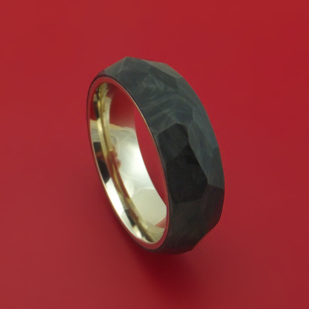 Solid Forged Carbon Fiber Faceted Ring with 14K White Gold Sleeve