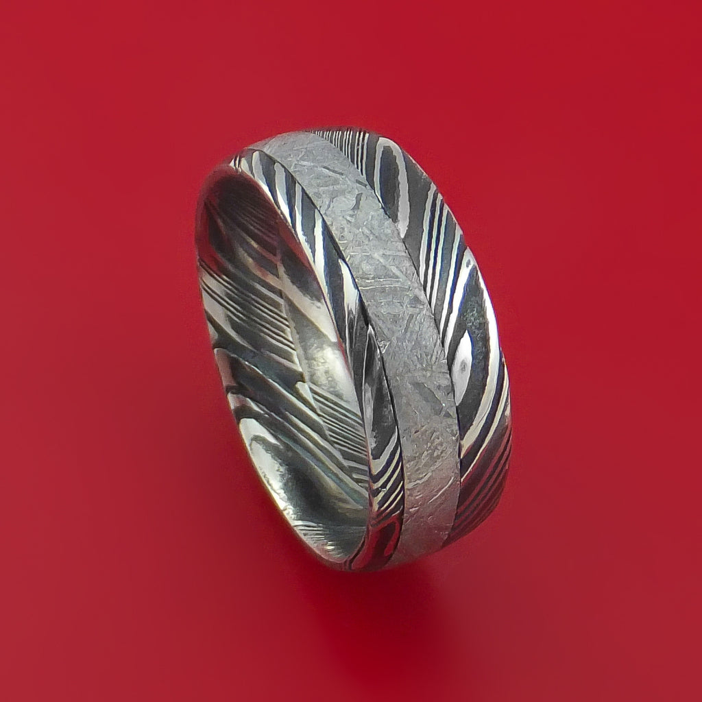 Kuro Damascus Steel Ring with Gibeon Meteorite Inlay Custom Made Band