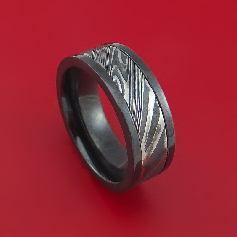 Black Zirconium Ring with Kuro Damascus Steel Inlay Custom Made Band