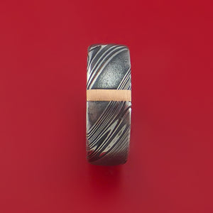 Kuro Damascus Steel Ring with 14k Rose Gold Vertical Inlay Custom Made Band