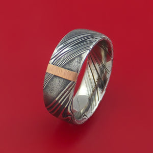 Kuro Damascus Steel Ring with 14k Rose Gold Vertical Inlay Custom Made Band