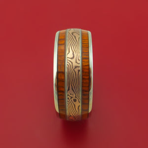 14K White Gold Ring with Wood Inlays and Mokume Custom Made Band