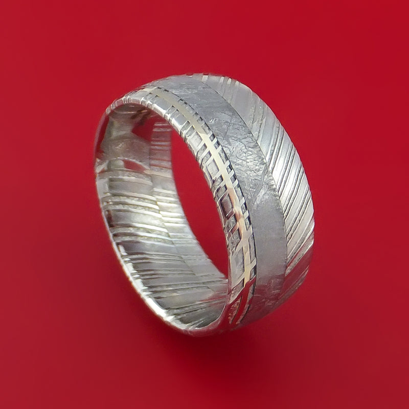 Kuro Damascus Steel Ring with Gibeon Meteorite and 14k White Gold Inlays Custom Made Band