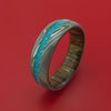 Damascus Steel Ring with Turquoise Inlay and Interior Hardwood Sleeve Custom Made Band