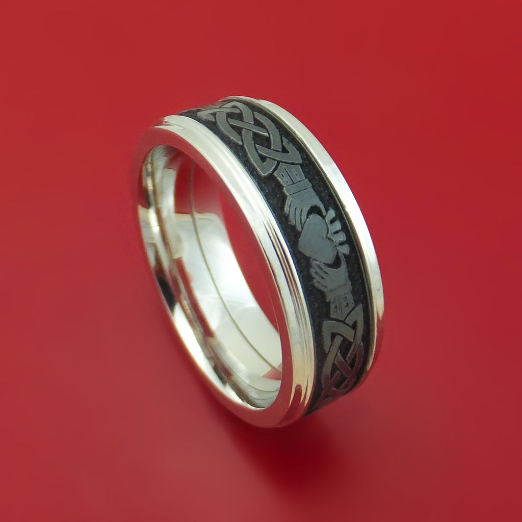 14k White Gold Ring with Black Zirconium and Claddagh Etched Celtic Design Inlays Custom Made Band
