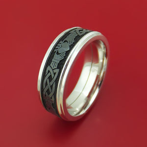 14k White Gold Ring with Black Zirconium and Claddagh Etched Celtic Design Inlays Custom Made Band