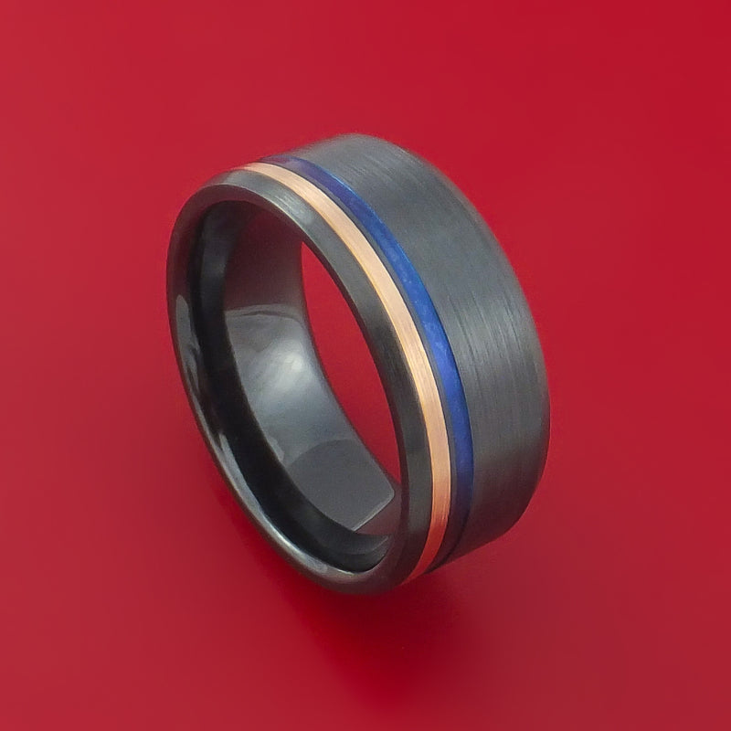 Black Zirconium Ring with 14k Rose Gold and Anodized Inlays Custom Made Band