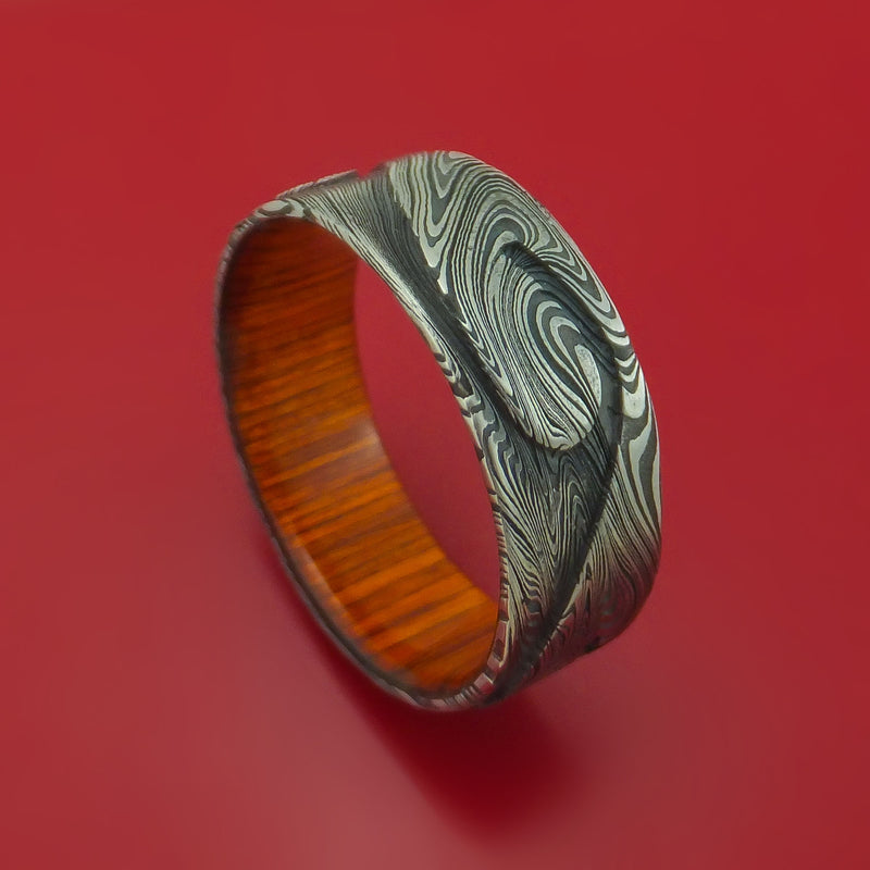 Marbled Kuro Damascus Steel Ring with Milled Wave Pattern Inlay and Interior Hardwood Sleeve Custom Made Band
