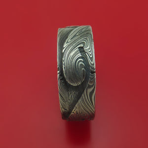 Marbled Kuro Damascus Steel Ring with Milled Wave Pattern Inlay and Interior Hardwood Sleeve Custom Made Band